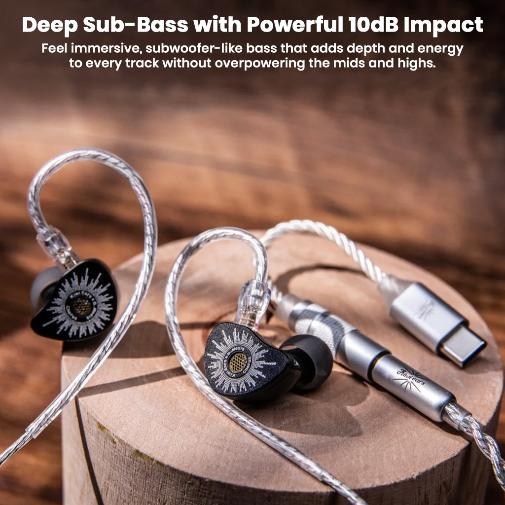 Close-up of black and silver in-ear monitors with custom design and cables