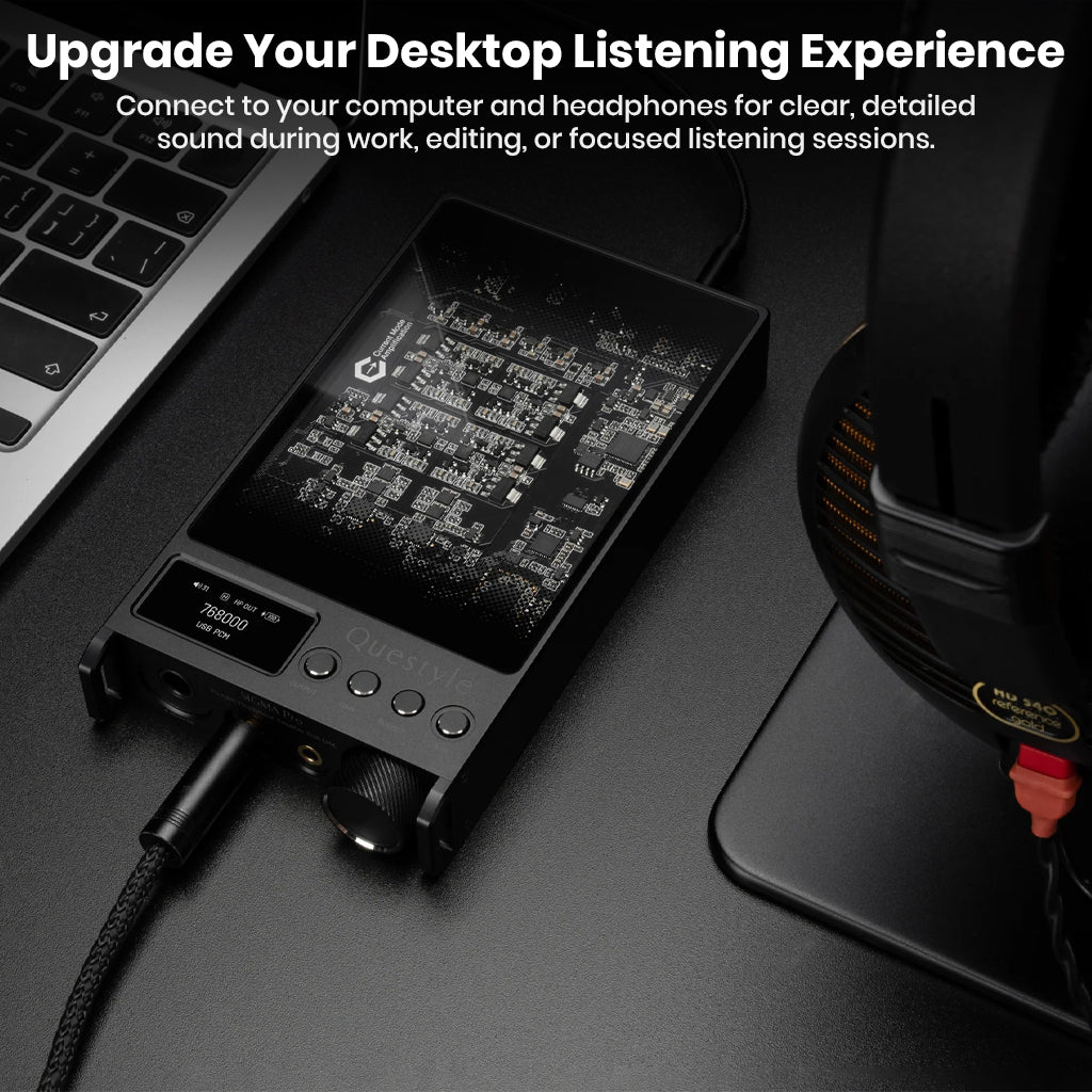 Questyle SIGMA Pro DAC/Amp connected to desktop setup, enhancing headphone audio quality for work, editing, or focused listening.