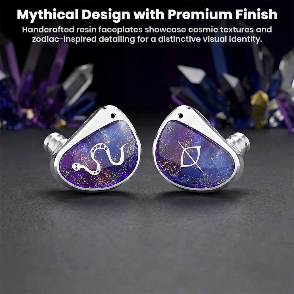 STA Pro IEMs with handcrafted resin faceplates featuring cosmic textures and zodiac symbols for a premium finish.