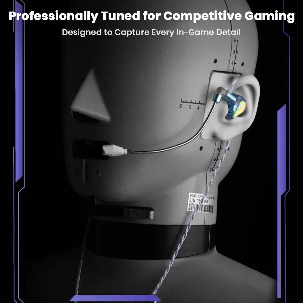 EPZ – G30 1DD + 1BA Gaming IEM with ENC Boom Mic shown on test dummy, professionally tuned for competitive gaming audio precision.