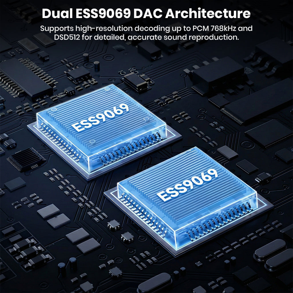Dual ESS9069 DAC chips in Questyle SIGMA Pro deliver high-resolution decoding up to PCM 768kHz and DSD512 for accurate sound reproduction.