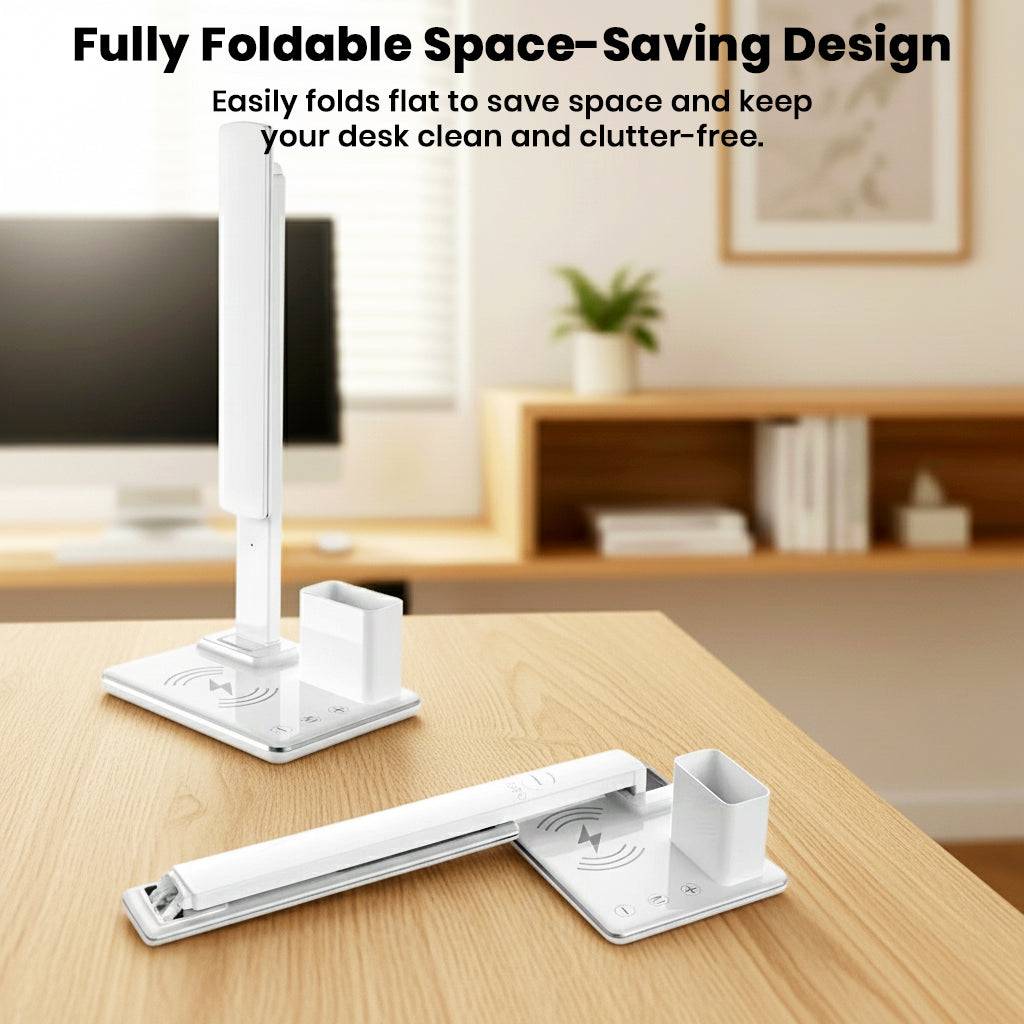 Foldable TECPHILE Smart Desk Lamp in compact position for space-saving, featuring LED light, clock, and pen holder for clutter-free desks.