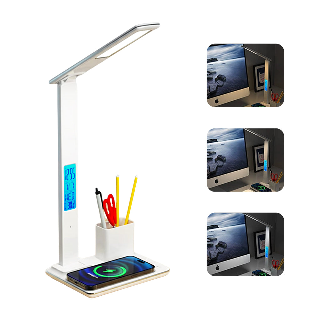 TECPHILE 4-in-1 Smart Study Desk Lamp with Clock, Wireless Charging & Pen Holder