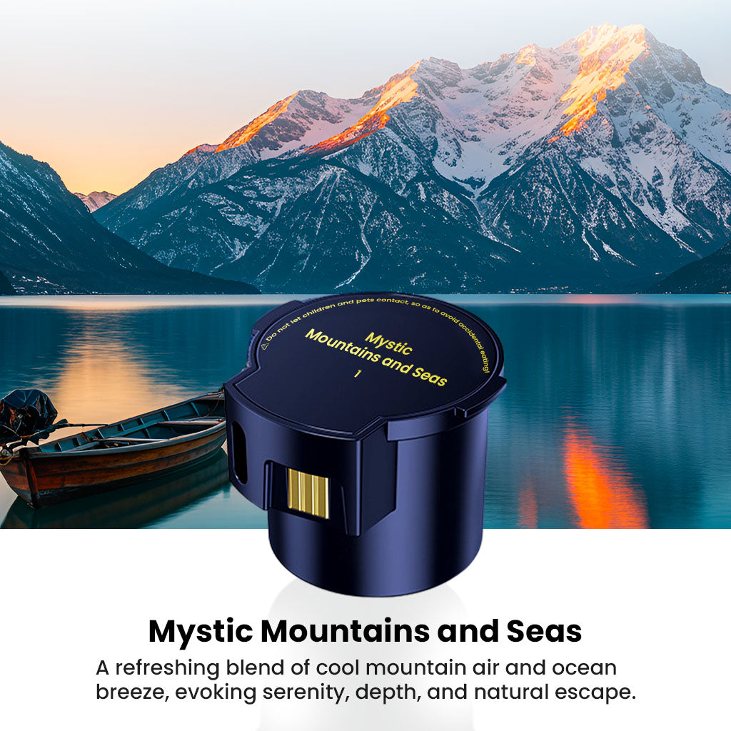 Mystic Mountains and Seas Aroma cartridge for P3 Car Air Freshener, combining mountain air and ocean breeze for a serene driving experience.