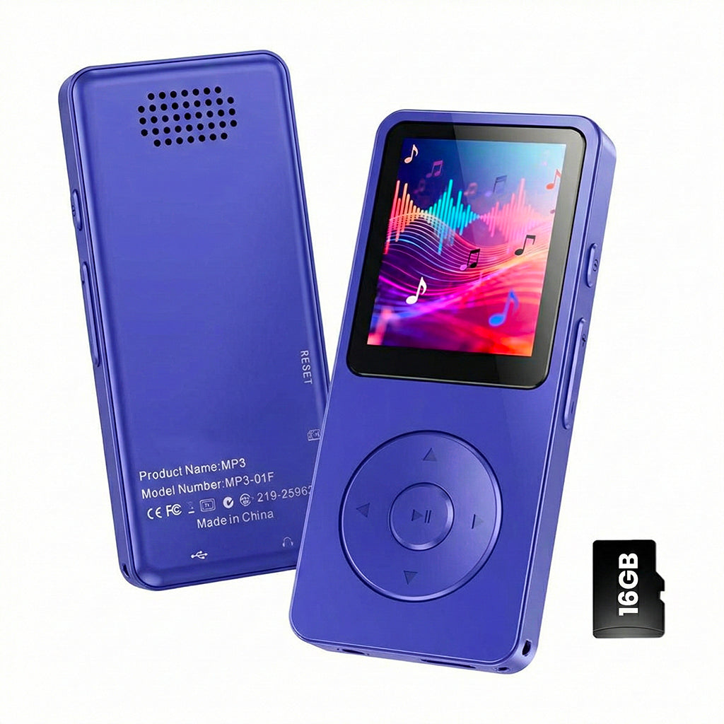 AUDIOCULAR M61 Portable Mp3 Music Player in purple with 16GB storage, vibrant design with built-in screen and control pad.