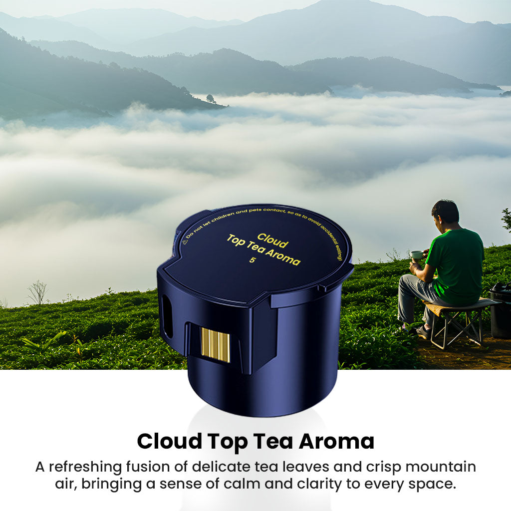 Cloud Top Tea Aroma cartridge for P3 Car Air Freshener, blending delicate tea leaves and crisp mountain air for a calming car environment.
