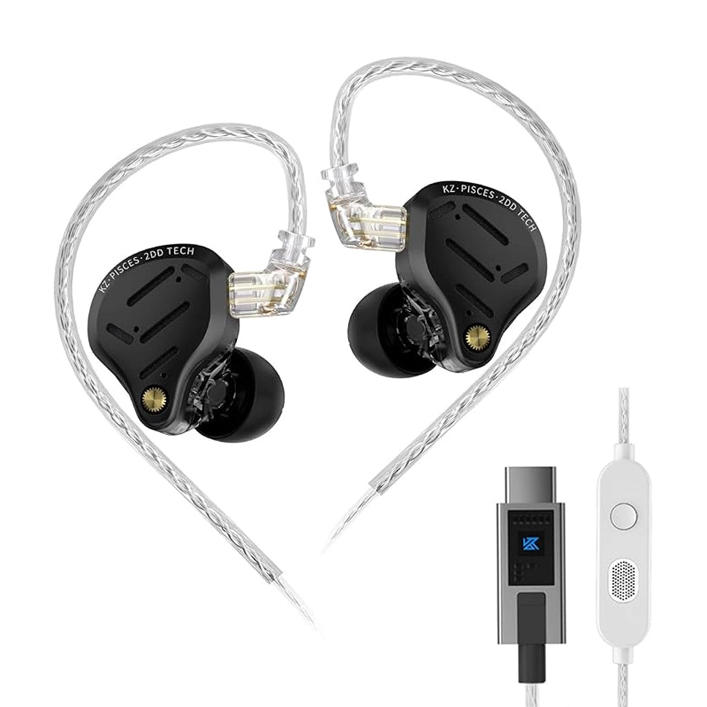 KZ Pisces IEM with Type-C connector and inline mic, featuring dual dynamic drivers for hi-fi sound experience.