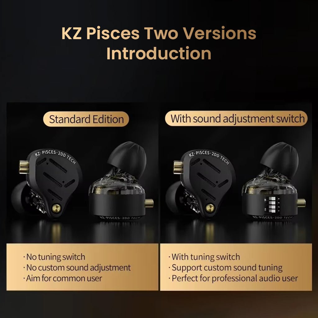 KZ Pisces IEMs shown in two versions: standard edition and sound adjustment switch edition, ideal for casual and professional audio users.