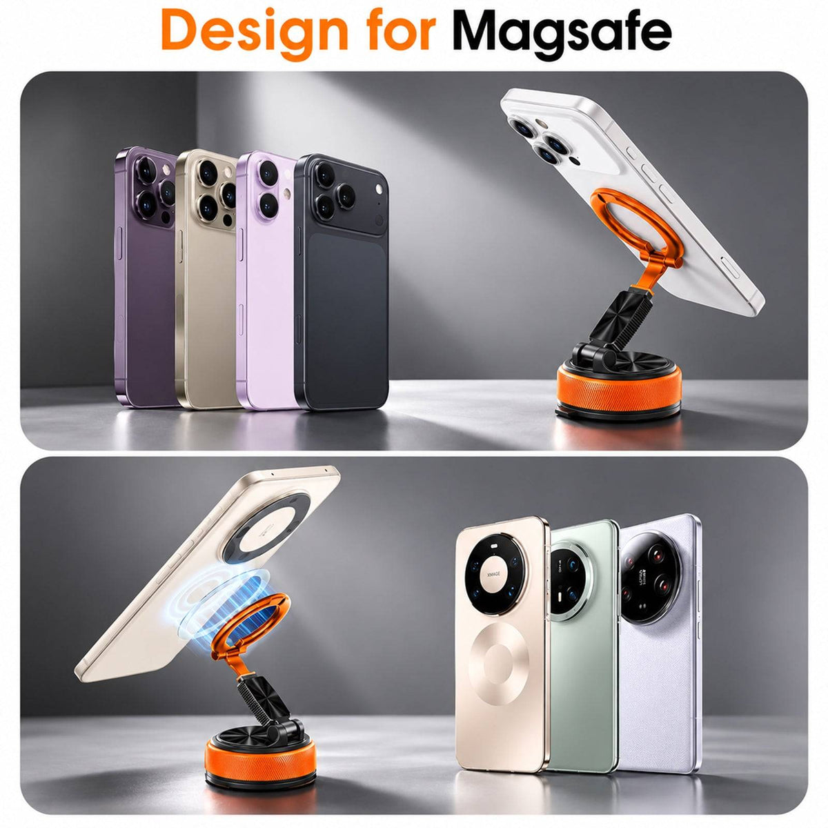 2 IN 1 360° Vacuum Magnetic Phone Holder for Car, MagSafe Compatible Mobile Stand, Detachable Ring, 360° Triple Axis Windshield Holder, N52 Strong Magnet Compatible with iPhone & All Smartphones