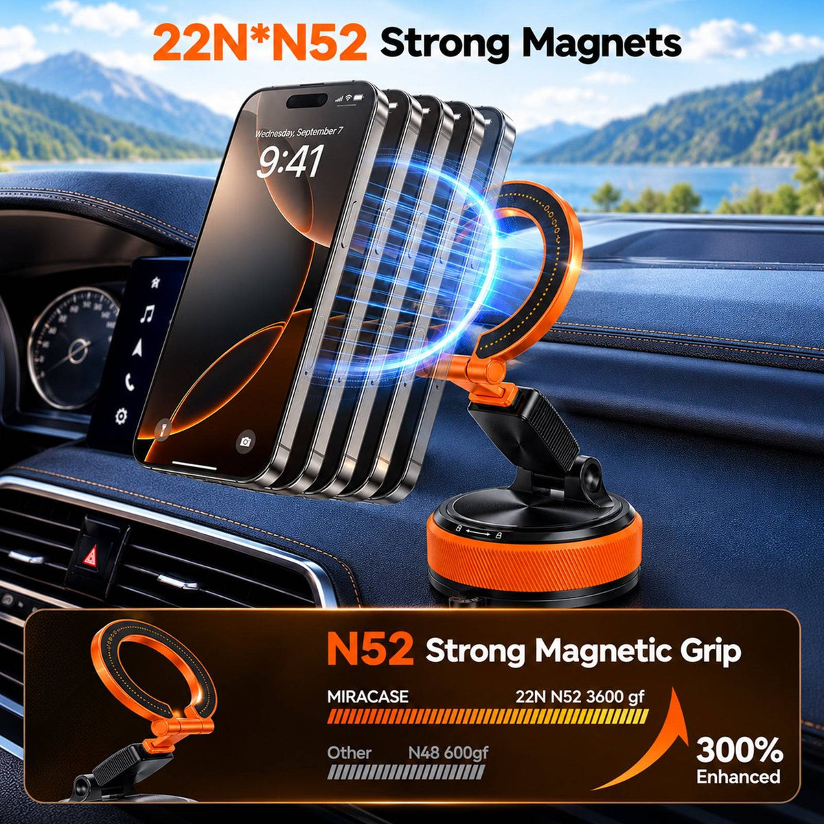 2 IN 1 360° Vacuum Magnetic Phone Holder for Car, MagSafe Compatible Mobile Stand, Detachable Ring, 360° Triple Axis Windshield Holder, N52 Strong Magnet Compatible with iPhone & All Smartphones