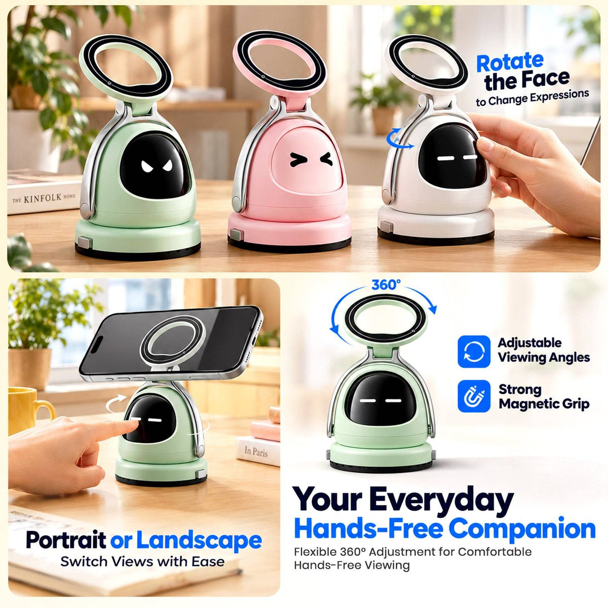 portable car phone holder with a detachable magnetic base, 180-degree tilt adjustment, and flexible viewing angles for hands-free use