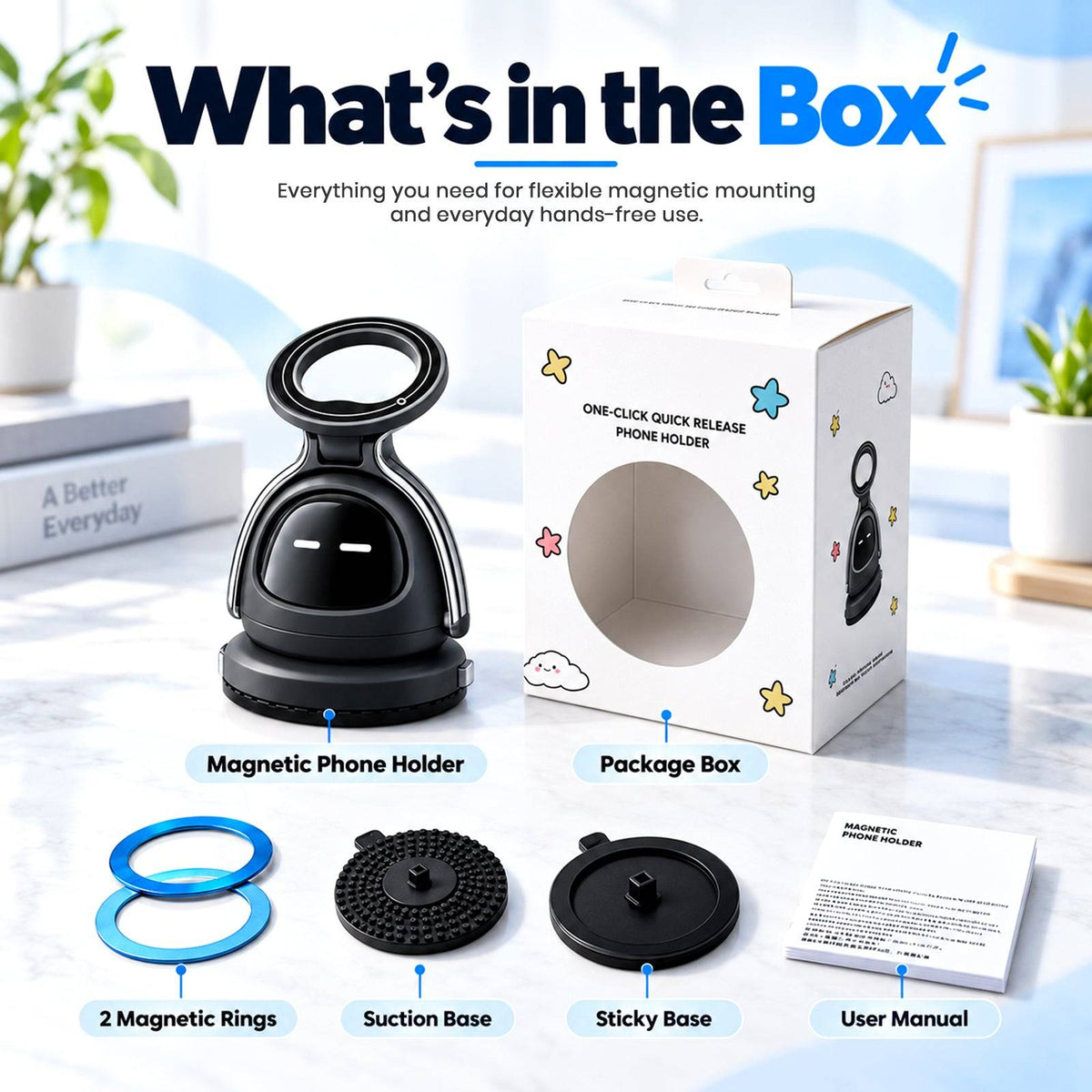 TECPHILE magnetic vacuum mobile holder with rotating 3 faces, showing its sleek design and magnetic ring