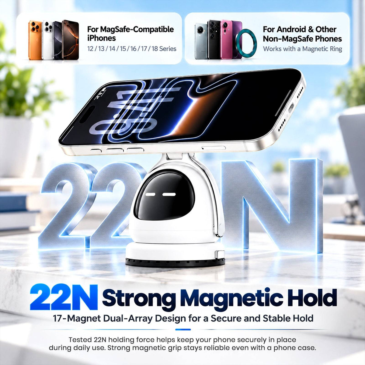 strong 22N magnetic hold of the magnetic vacuum car phone holder with a smartphone