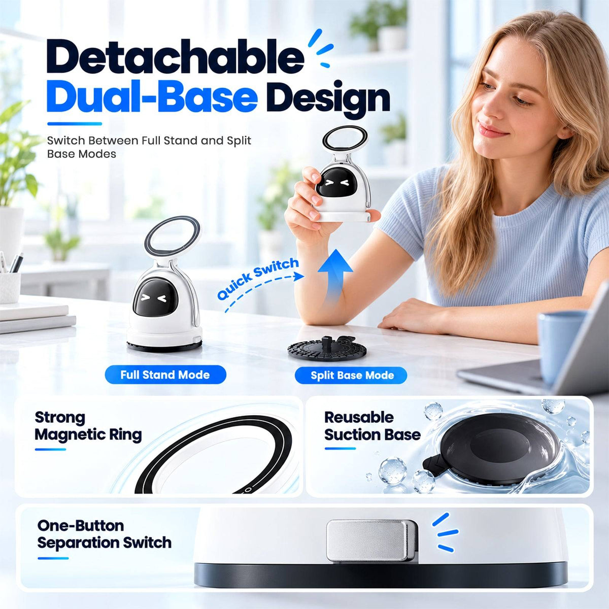 portable car phone holder with a detachable magnetic base, 360-degree rotation, and adjustable face for versatile use
