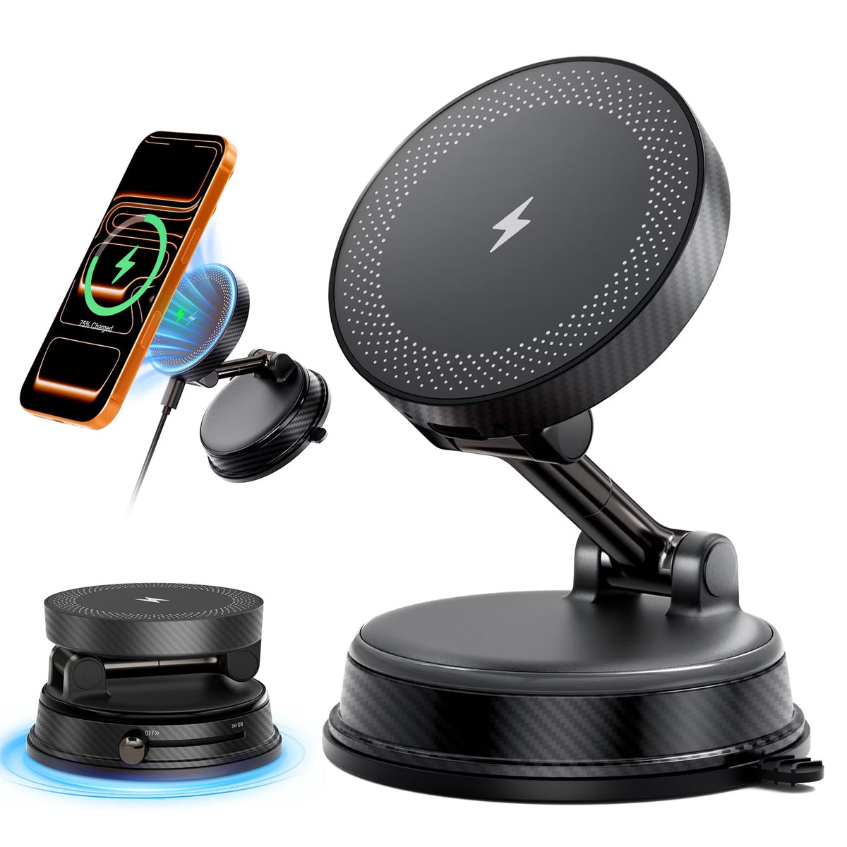 TECPHILE - 2 IN 1 360° Vacuum Magnetic Phone Holder with Wireless Charging