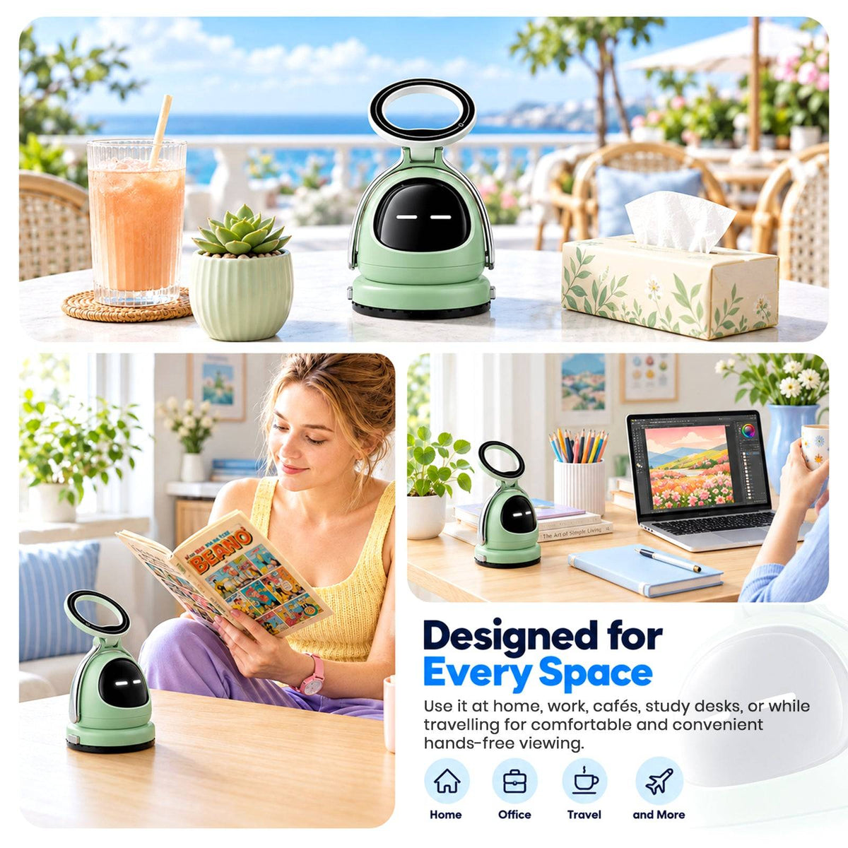 TECPHILE magnetic vacuum mobile holder with rotating 3 faces and detachable base on a white marble table