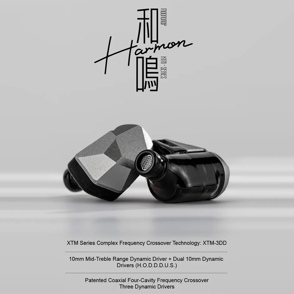 Moondrop Harmon 3 IEM showcasing internal triple dynamic driver setup and patented XTM-3DD crossover technology for superior audio clarity.