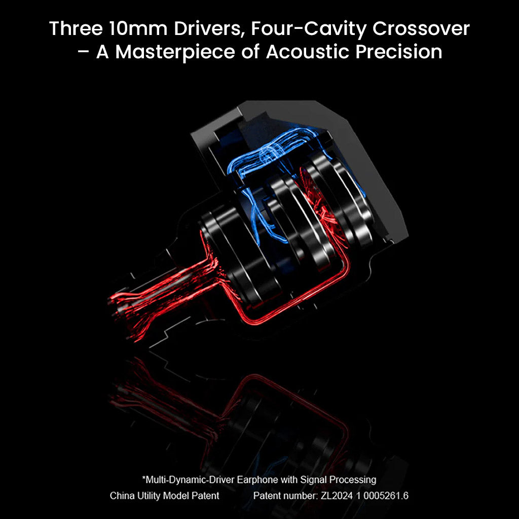 Moondrop Harmon 3 IEM internal view highlighting three 10mm dynamic drivers and four-cavity crossover for precise acoustic performance.