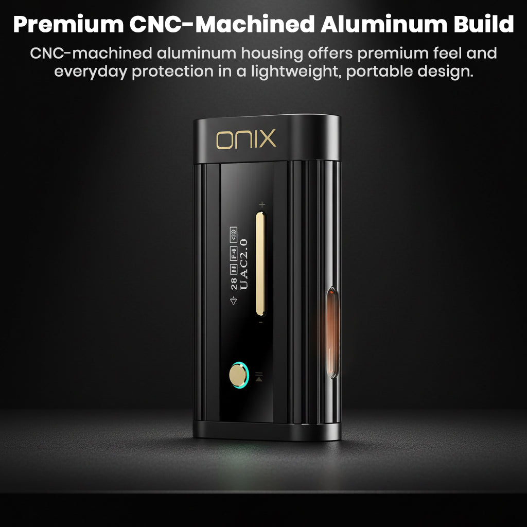 A slightly angled view of the black ONIX audio device, showing its ribbed, premium CNC-machined aluminum housing. Text overlay highlights the feature: "Premium CNC-Machined Aluminum Build" for durability and portability.