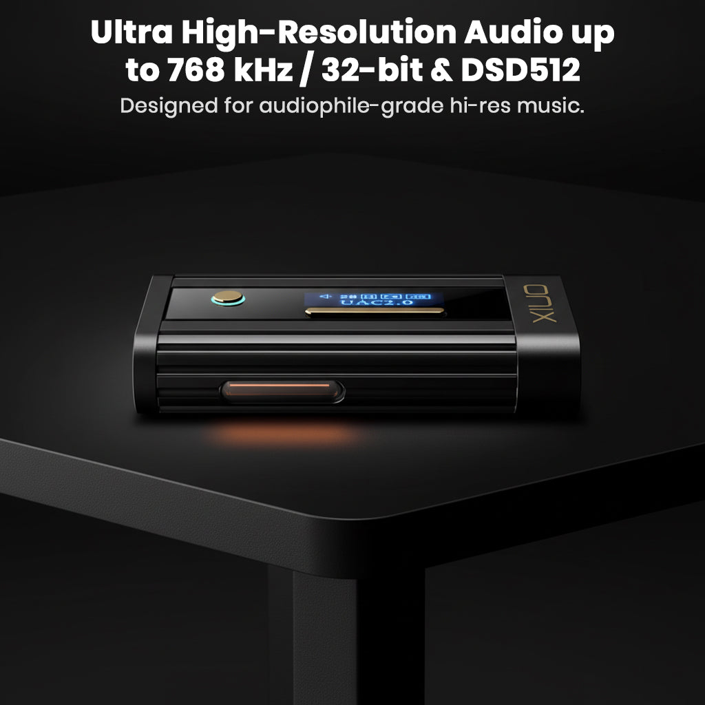 The black ONIX audio device resting on a dark surface, displaying its screen which shows high-resolution audio status. Text overlay emphasizes the capability: "Ultra High-Resolution Audio up to 768 kHz / 32-bit & DSD512," designed for audiophile-grade hi-res music.