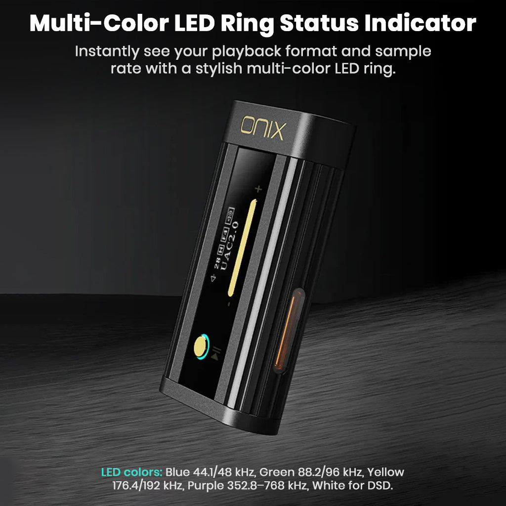 A slightly tilted view of the black ONIX audio device, focusing on the multi-color LED ring around the main control button and its display screen. The text reads: "Multi-Color LED Ring Status Indicator," with a legend below explaining the LED color codes for different sample rates (e.g., Blue 44.1/48 kHz, Green 88.2/96 kHz, etc.).
