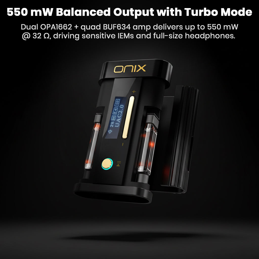 The black ONIX audio device, angled to show its internal components glowing orange-red, representing the Turbo Mode. Text overlay states: "550 mW Balanced Output with Turbo Mode," driven by dual OPA1662 and quad BUF634 amps for powerful headphone driving.