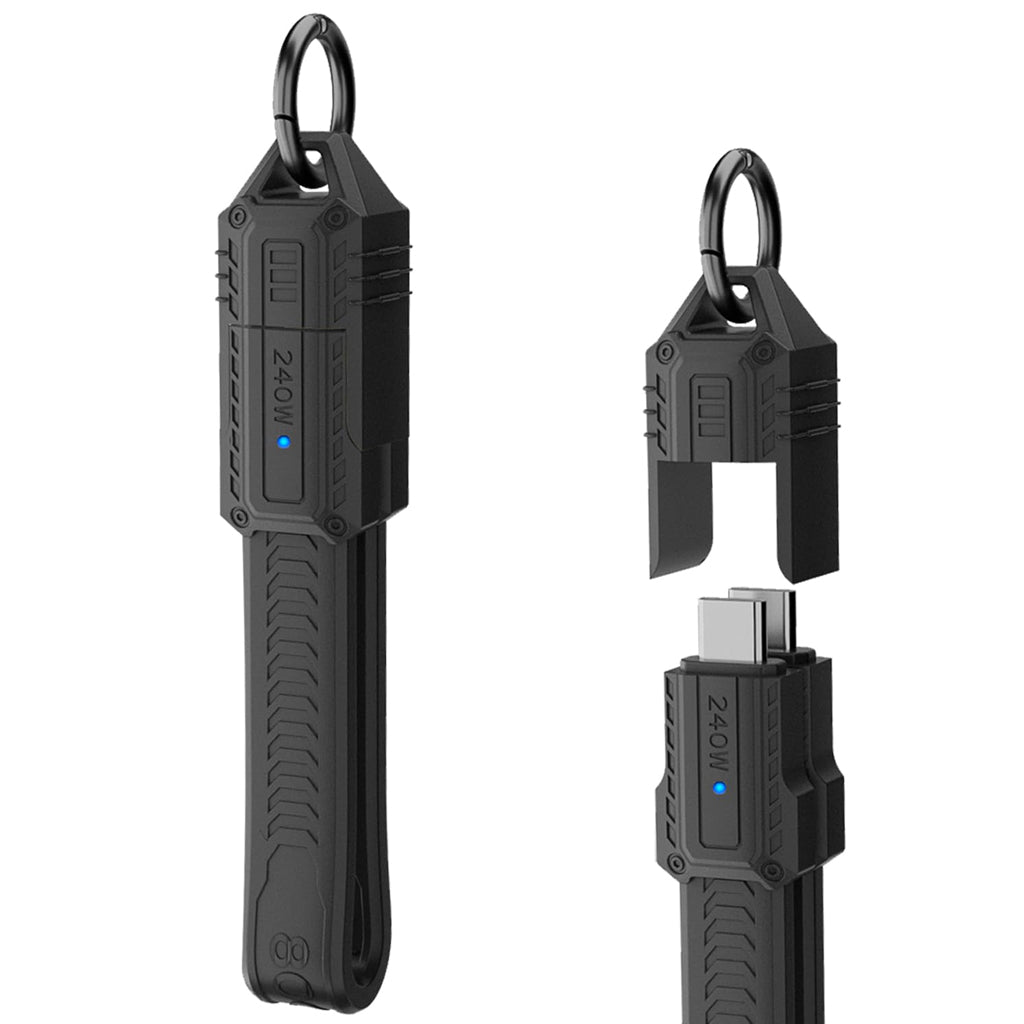 TECPHILE PD240W 80Gbps Type C to Type C FPC Cable with rugged keychain case, compact 13CM design for portable fast charging and data transfer.