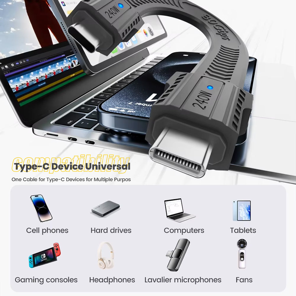 TECPHILE USB4.0 Type C Cable compatible with phones, tablets, laptops, and more, offering high-speed charging and data transfer.