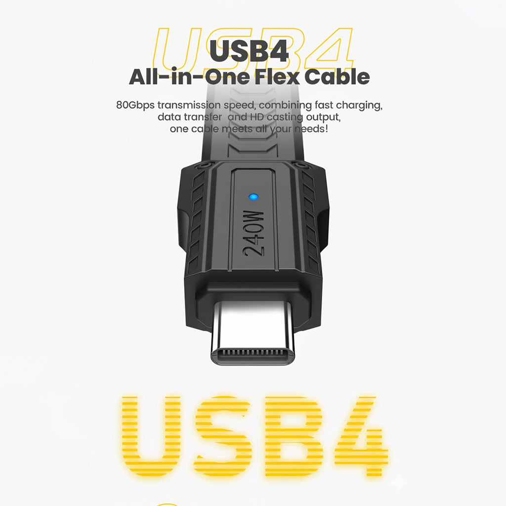 TECPHILE USB4 All-in-One Flex Cable with 240W power and 80Gbps speed, designed for fast charging, data transfer, and HD output.
