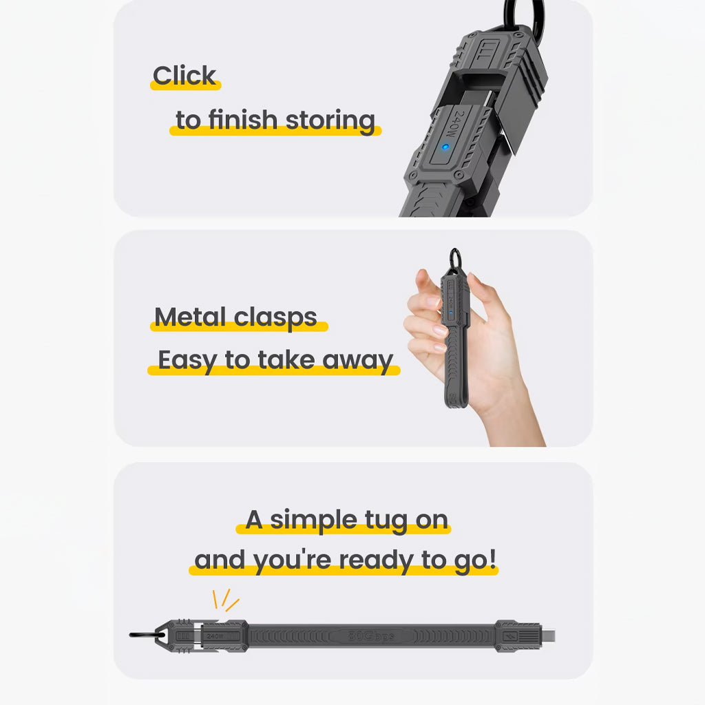 TECPHILE USB4.0 Cable with click-to-store design and metal clasp, offering easy portability and quick deployment for on-the-go use.