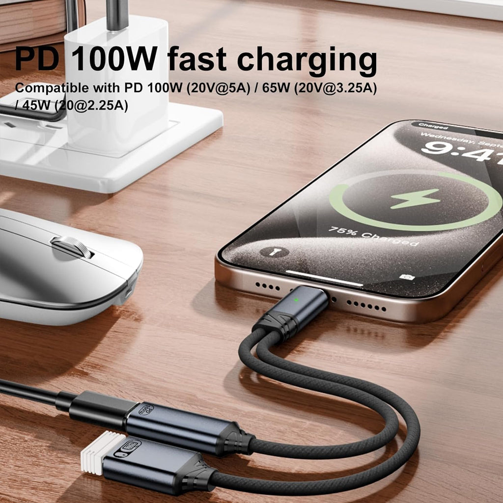 TECPHILE OTG Splitter Cable in use with smartphone, demonstrating 100W PD fast charging compatibility with 65W and 45W power outputs.