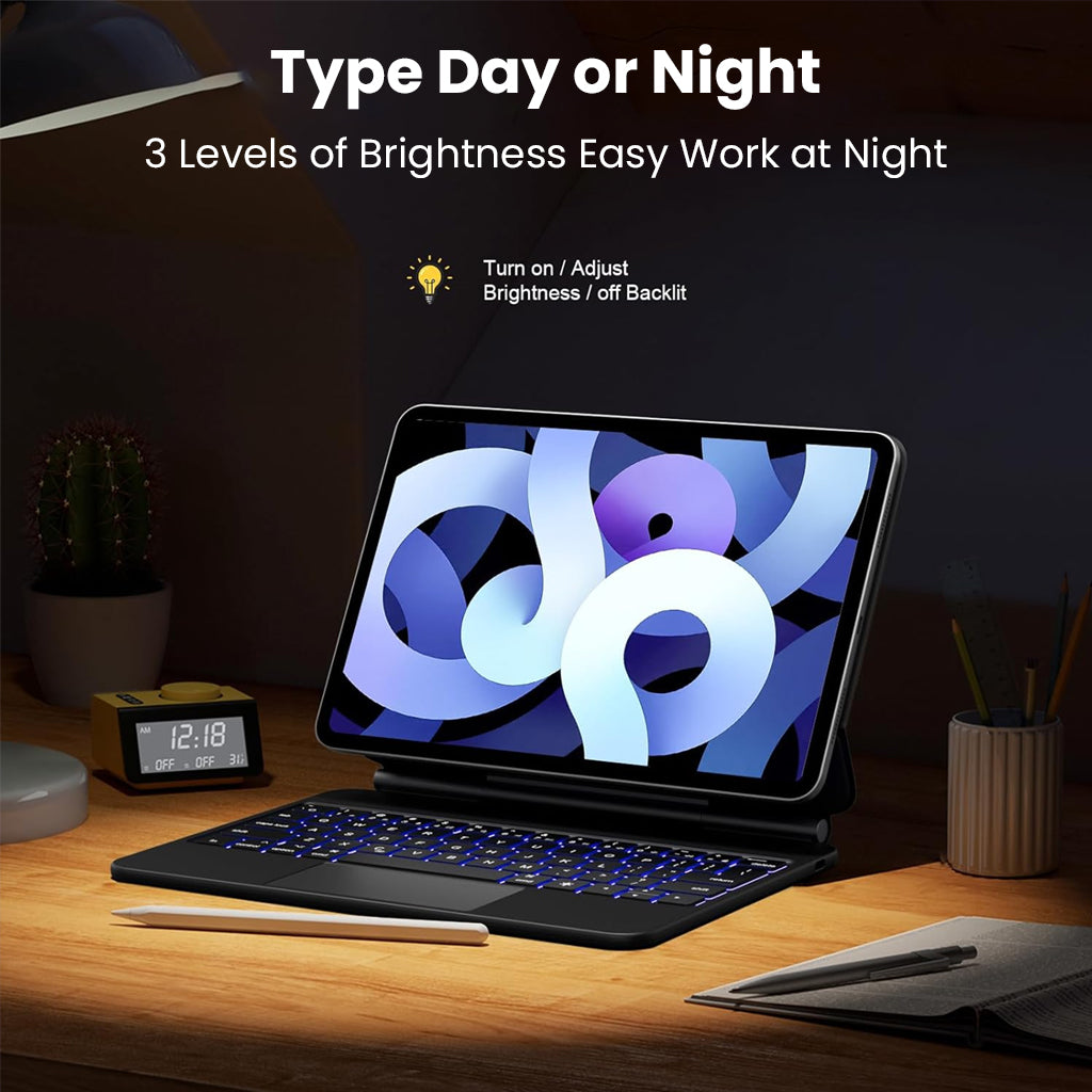 Backlit keyboard with 3 brightness levels on MK-M7112 Magic keyboard case for Xiaomi Pad 7 / 7 Pro, perfect for night typing.