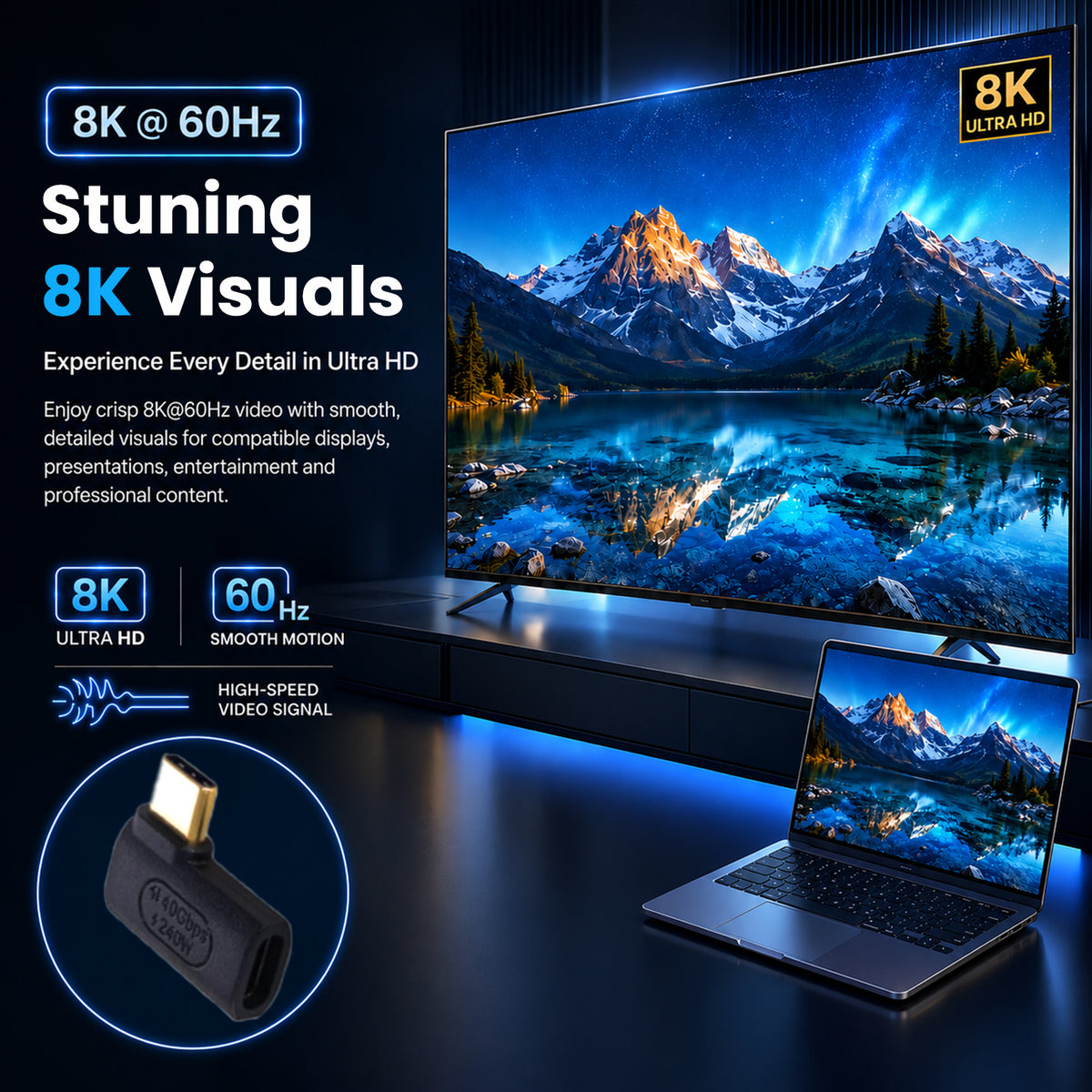Large 8K Ultra HD TV screen showcasing detailed visuals, emphasizing 8K@60Hz video quality for immersive viewing.
