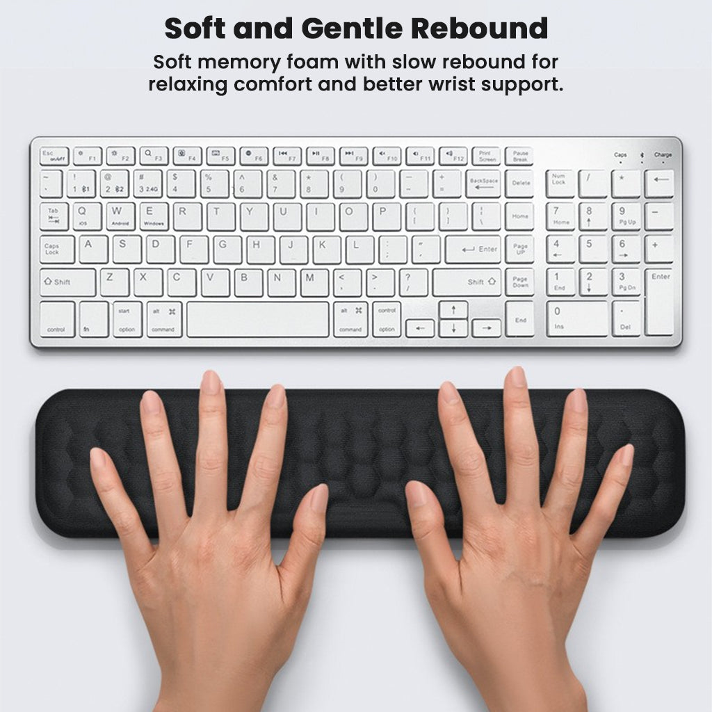Soft and gentle rebound in TECPHILE memory foam wrist rest offers relaxing wrist support for comfortable typing sessions.
