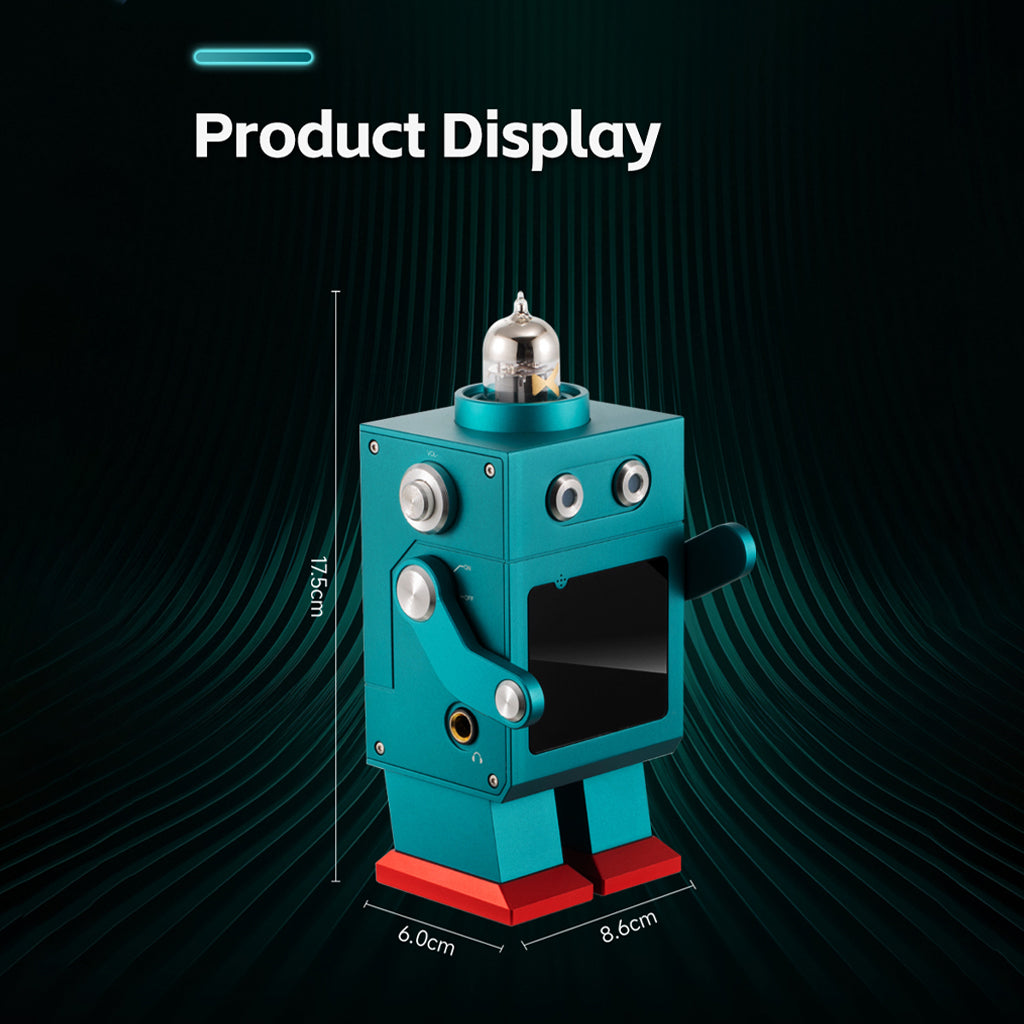 Product dimensions of xDuoo DM-01 Bluetooth DAC amp with robot design, measuring 11.5cm height, 8.6cm width, and 6.0cm depth.