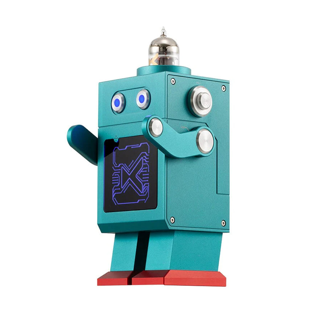 Angled view of xDuoo DM-01 CS43131 DAC amp highlighting cyberpunk robot design with illuminated front panel and red base feet.