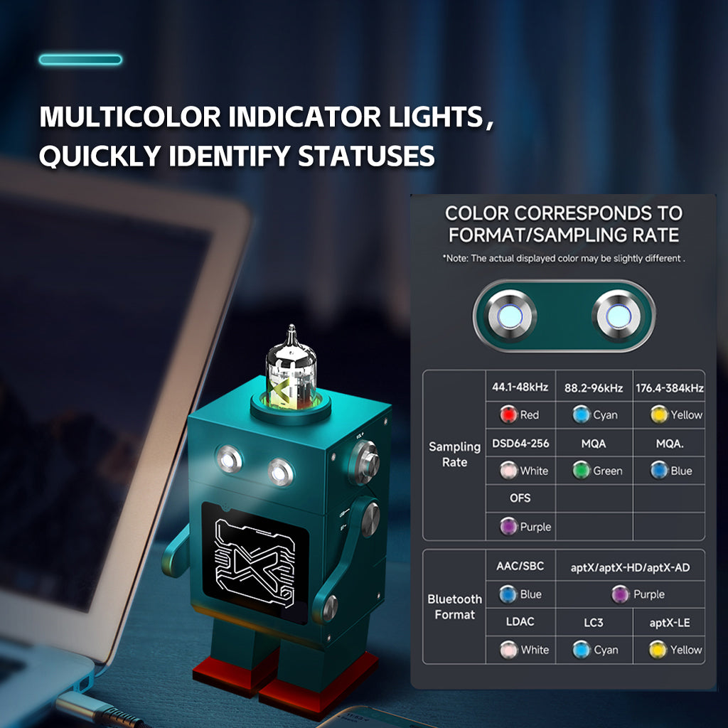 xDuoo DM-01 DAC amp with multicolor LED indicators showing audio format and sampling rate for quick status identification.