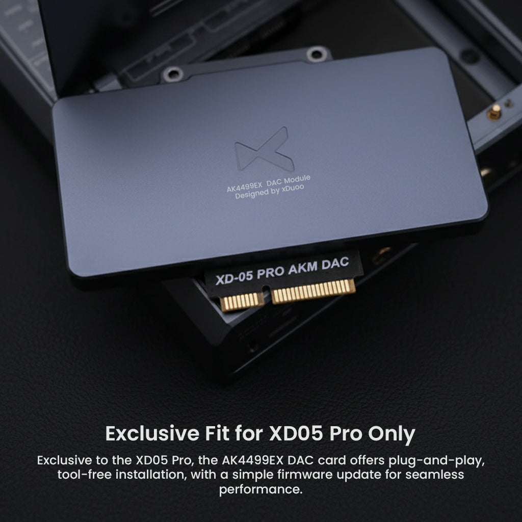 Close-up of xDuoo XD05 Pro DAC Card with plug-and-play AK4499EX module, designed exclusively for XD05 Pro for easy installation and upgrade.