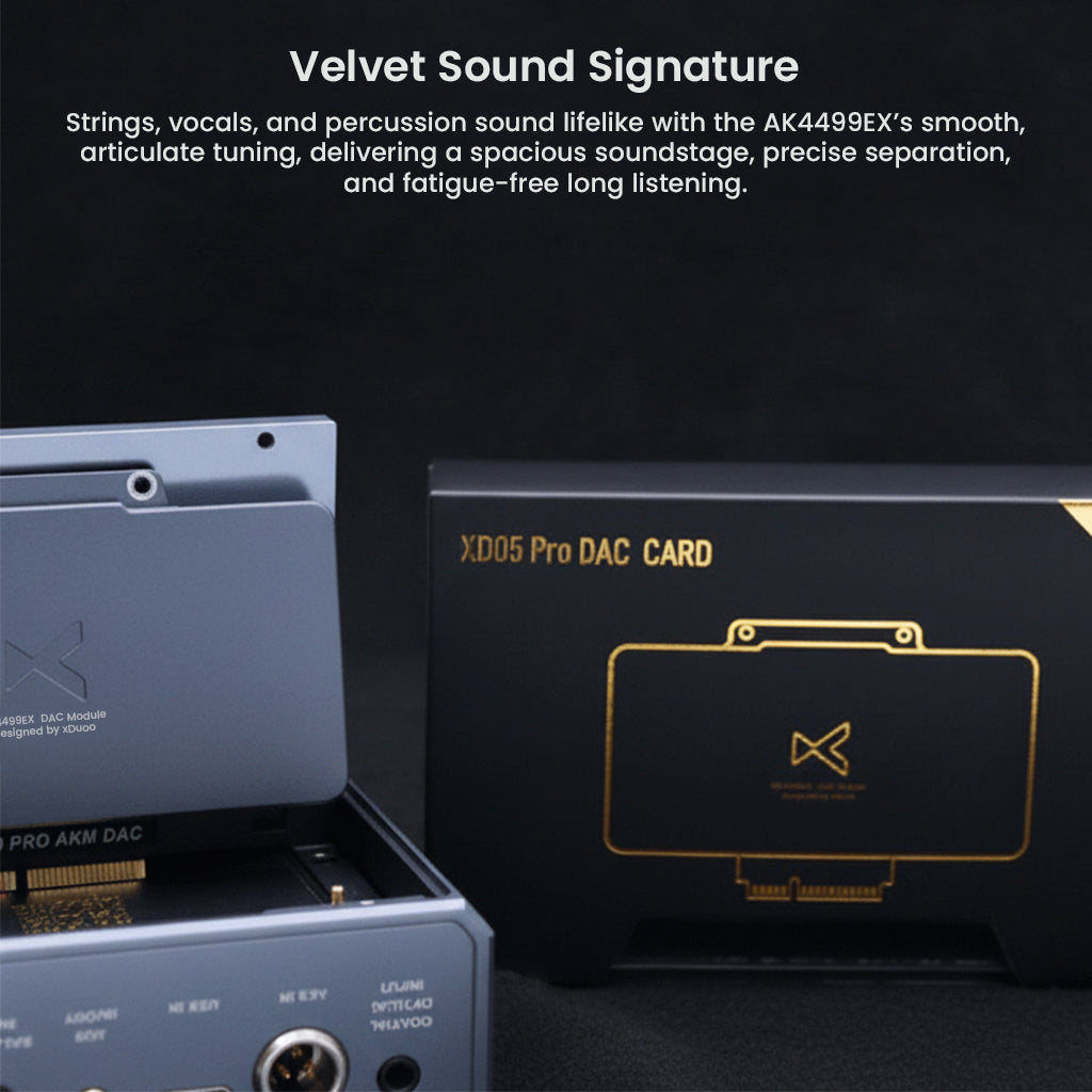 xDuoo XD05 Pro DAC Card with AK4499EX delivers spacious soundstage and fatigue-free listening, ideal for strings, vocals, and percussion.