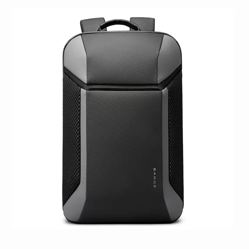 Front view of BANGE 7710 leather laptop bag with textured side panels and minimalist branding, perfect for business or travel use.
