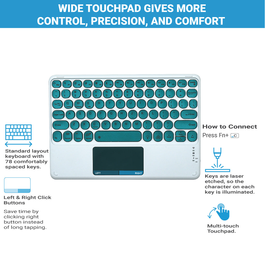 TECPHILE 250D Wireless Keyboard in green with wide touchpad and shortcut instructions for easy connectivity.
