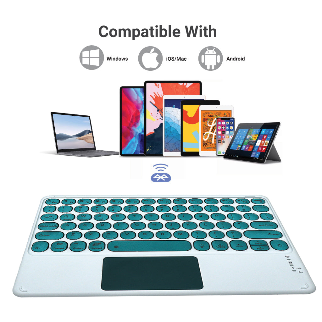 Green TECPHILE 250D Wireless Keyboard shown with compatible devices including tablets, laptops, and smartphones.