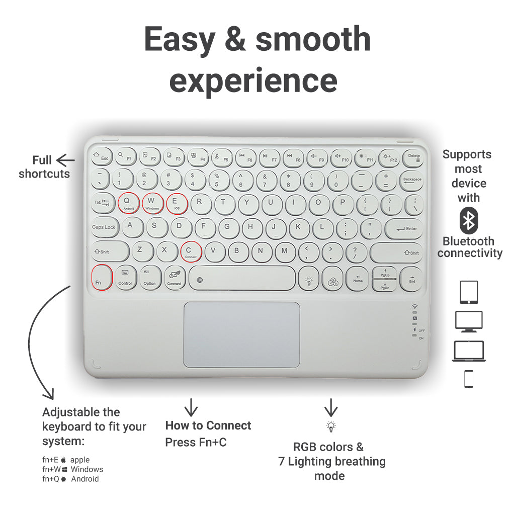 White TECPHILE 250D Wireless Keyboard with shortcut guide, RGB lighting modes, and Bluetooth compatibility.