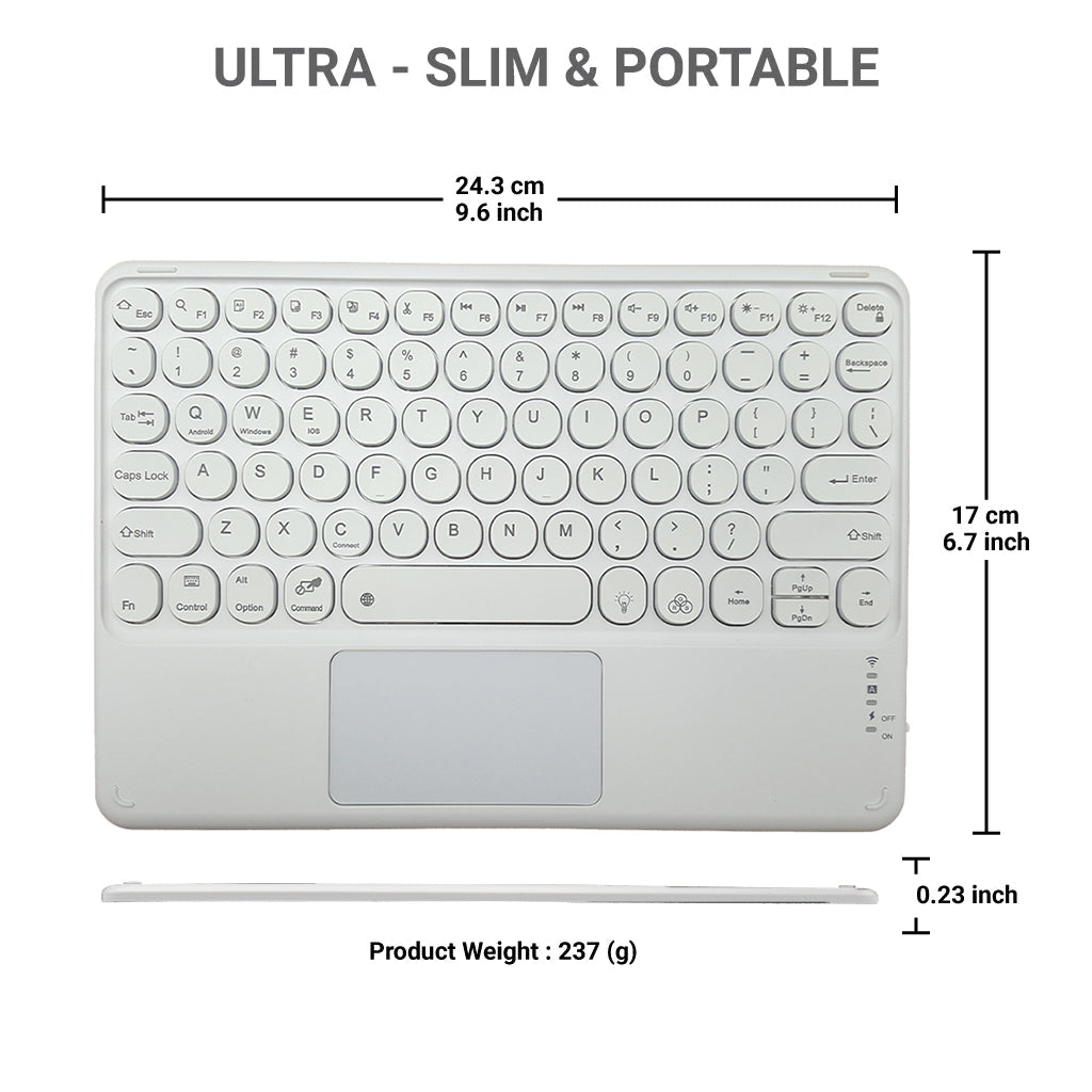 Ultra-slim and portable white TECPHILE 250D Wireless Keyboard with dimensions and lightweight design.