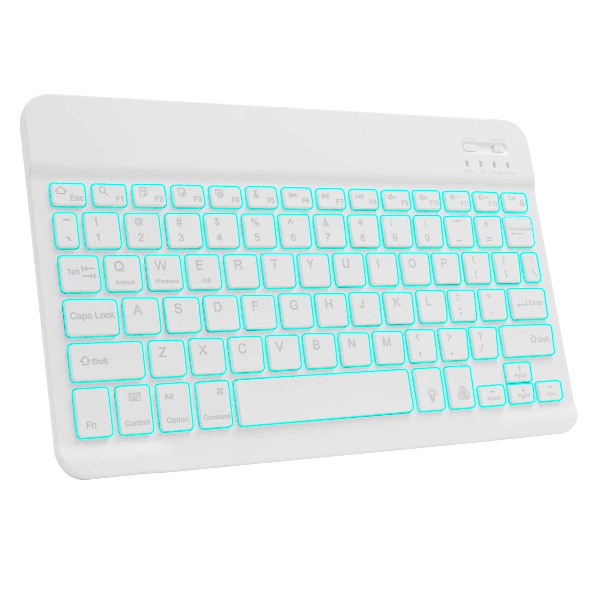 White TECPHILE HB030D Bluetooth Wireless Keyboard with cyan backlight, featuring slim, portable design for multi-device connectivity.