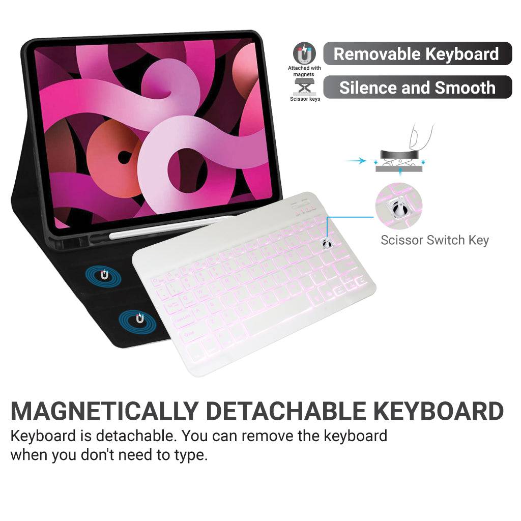 White TECPHILE HB030D Wireless Keyboard shown magnetically attached to a tablet case, highlighting detachable and silent scissor keys.