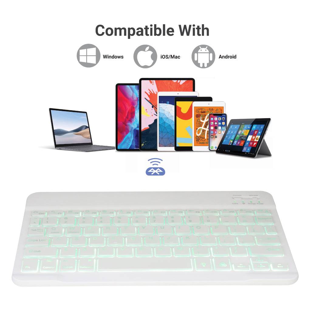 White TECPHILE HB030D Wireless Keyboard with light green backlight, compatible with Windows, Mac, iOS, and Android devices.
