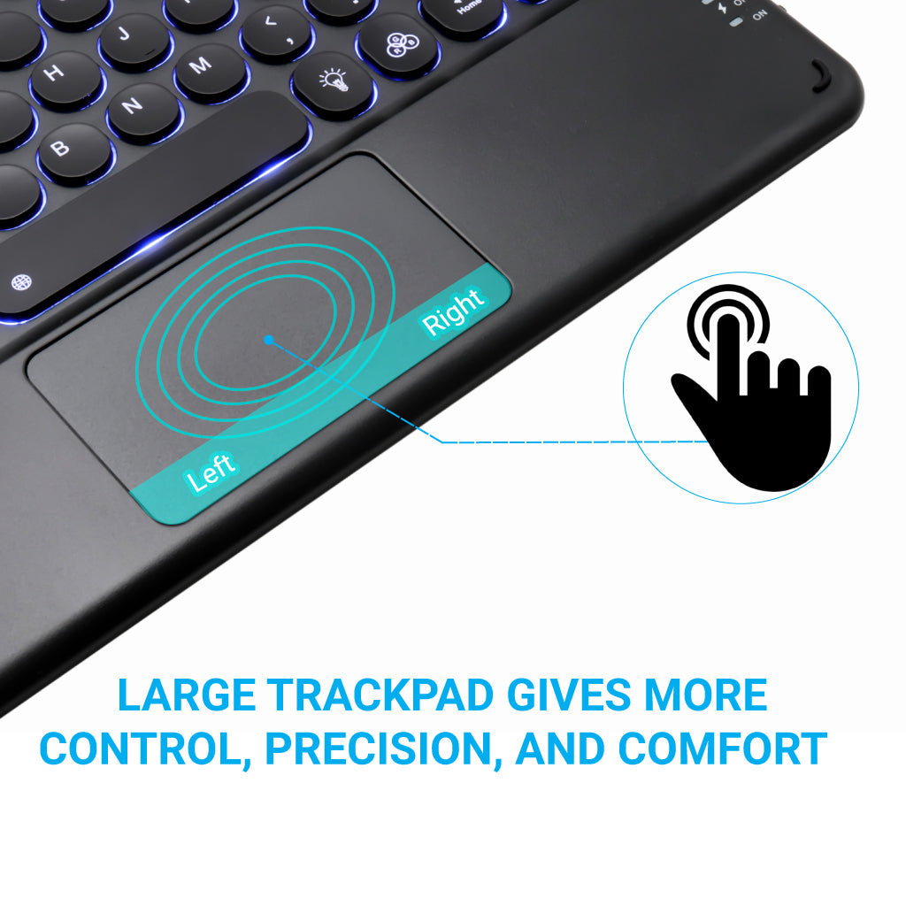 Close-up of TECPHILE 250D Wireless Keyboard's large multi-touch trackpad for enhanced control and precision.