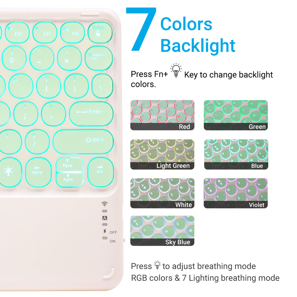 TECPHILE 250D Wireless Keyboard with 7 RGB backlight color options including red, green, and violet.