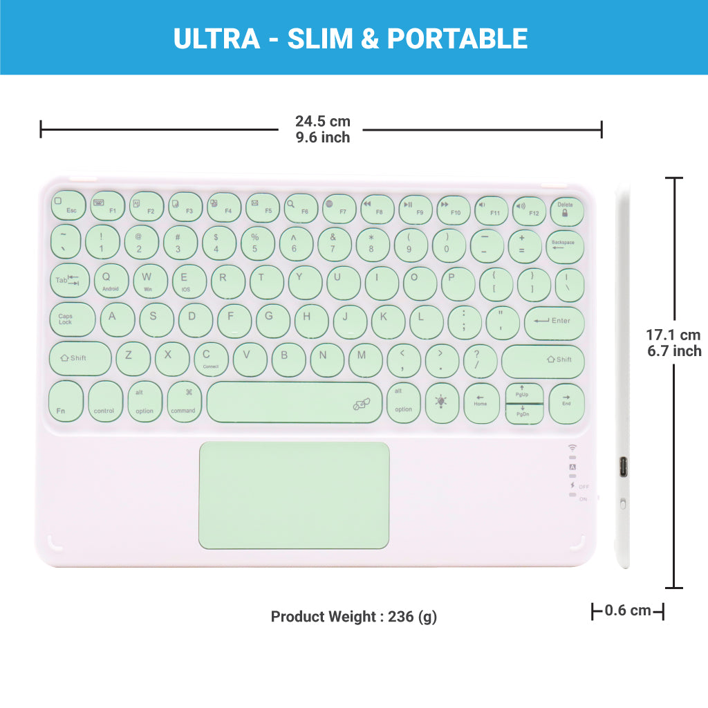 Mint green TECPHILE 250D Wireless Keyboard with ultra-slim profile and dimensions for portability.